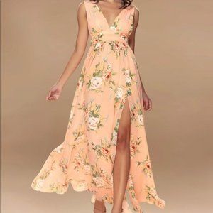 Peachy floral maxi dress, v-neck and back, front slit